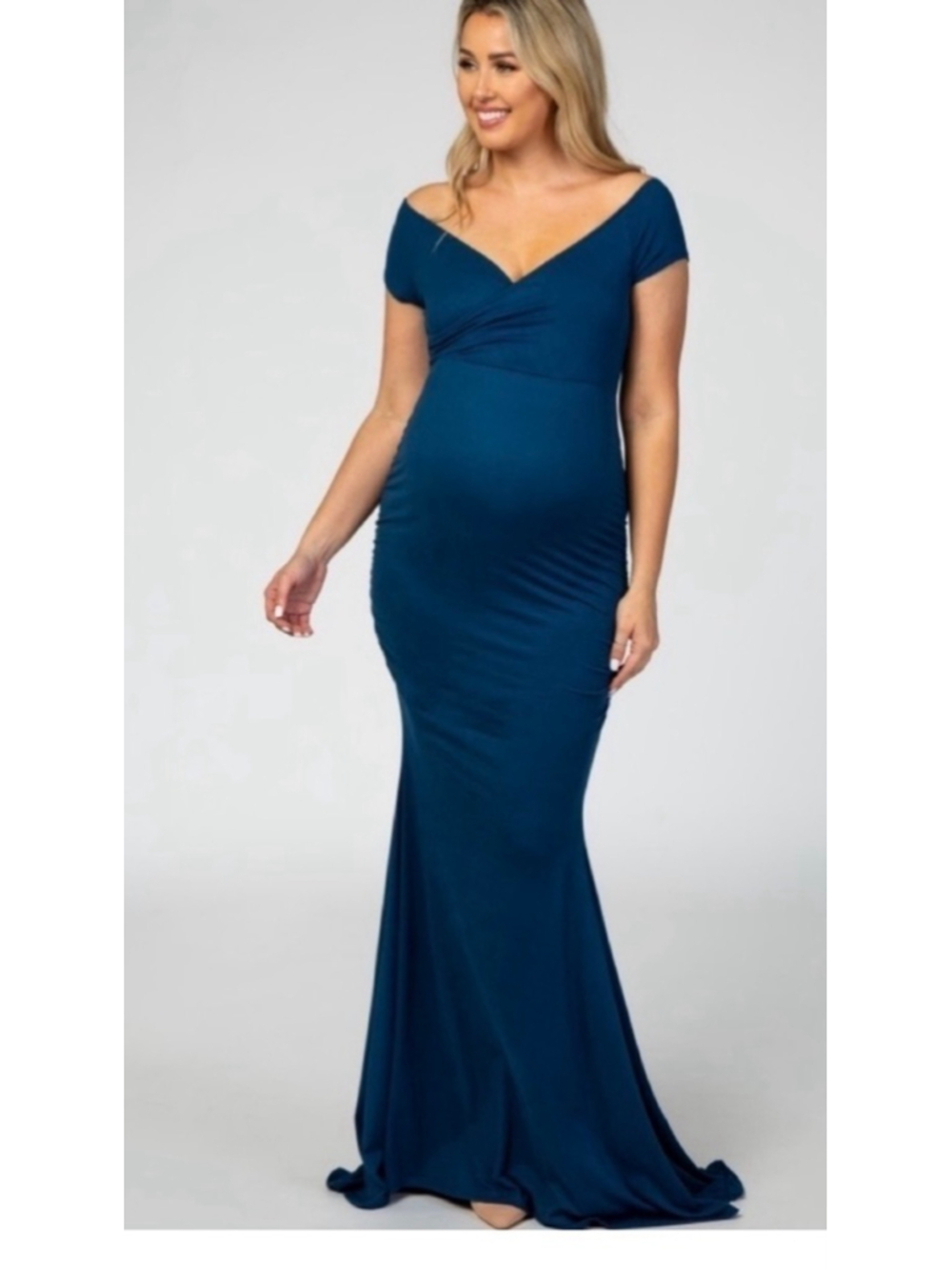 PinkBlush Off-Shoulder Maternity Mermaid Maxi Dress Teal Size M NWT